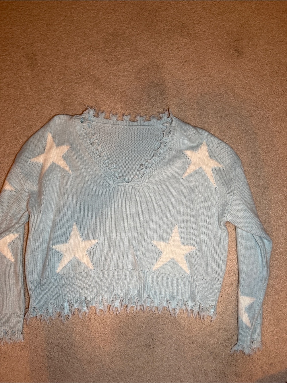 SHEIN Light Blue Star V-Neck Distressed Sweater